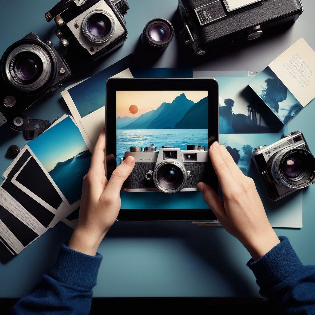 A split scene showcasing both film and digital photography, with an old-fashioned film camera on one side and a modern digital camera on the other. Centered are hands carefully handling vintage film rolls, contrasting with digital documents displayed on a sleek tablet. The background features a soft gradient merging earthy tones of film with vibrant blues of the digital world. Captivating light effects emphasize the transition between the two mediums. super-realistic. vibrant colors.
