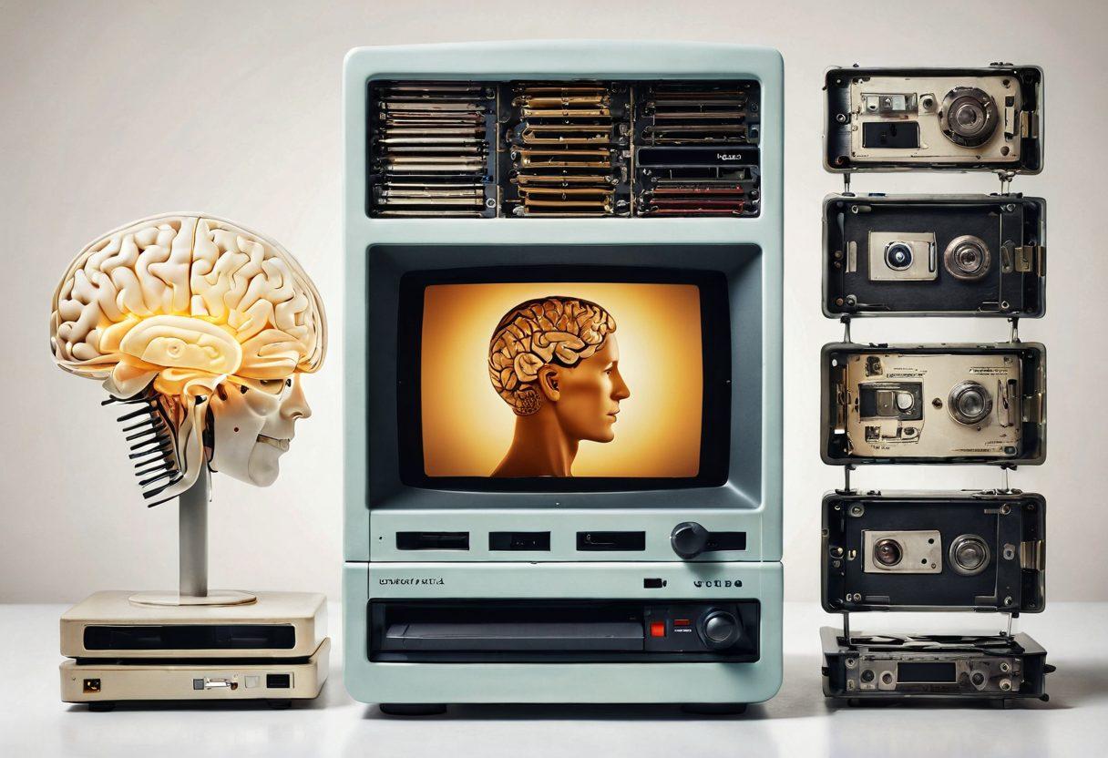 A split image showcasing a vintage photograph being scanned on one side, and a modern digital archive interface on the other, depicting various digital memory storage solutions. Incorporate elements of nostalgia with soft lighting on the photo side, while the digital side features a sleek, futuristic design in vibrant colors. Include symbols of memory such as a brain silhouette or a key unlocking a treasure chest filled with memories. super-realistic. vibrant colors. white background.