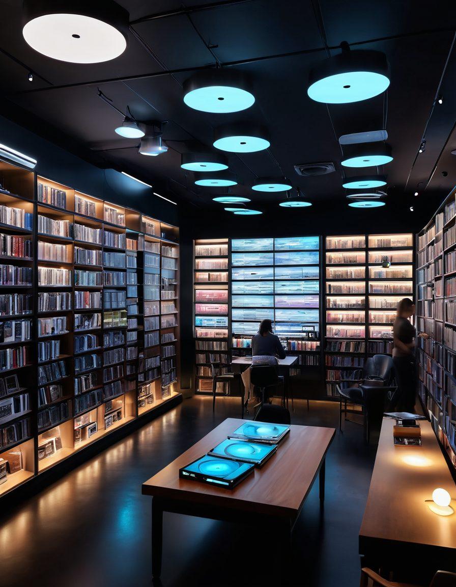 A futuristic library filled with holographic screens displaying retro media like vinyl records, cassette tapes, and old film reels being digitally transformed into modern formats. A diverse group of people interacting with the technology, showcasing the blend of nostalgia and innovation. The setting is bright, modern, and inspiring, with soft glowing lights in a cozy, inviting atmosphere. super-realistic. vibrant colors. 3D.